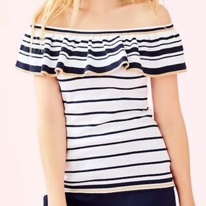 NWT Lilly Pulitzer Perelle Off-Shoulder Sweater. Shining Sea Stripe. Size XXS